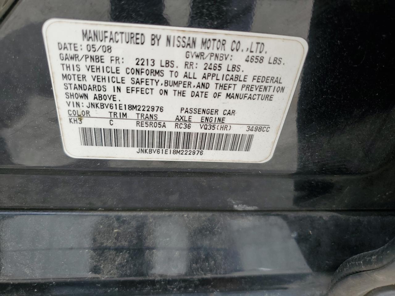 2008 Infiniti G35 VIN: JNKBV61E18M222976 Lot: 60064655