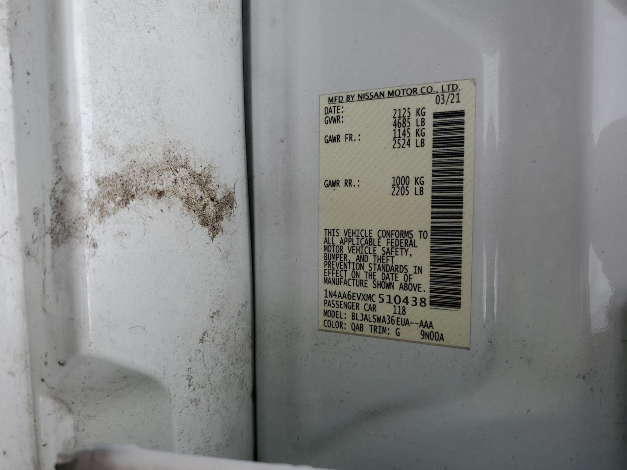 2021 Nissan Maxima Sr VIN: 1N4AA6EVXMC510438 Lot: 60056555