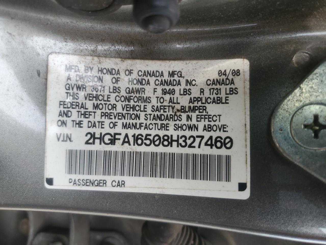 2008 Honda Civic Lx VIN: 2HGFA16508H327460 Lot: 61100145