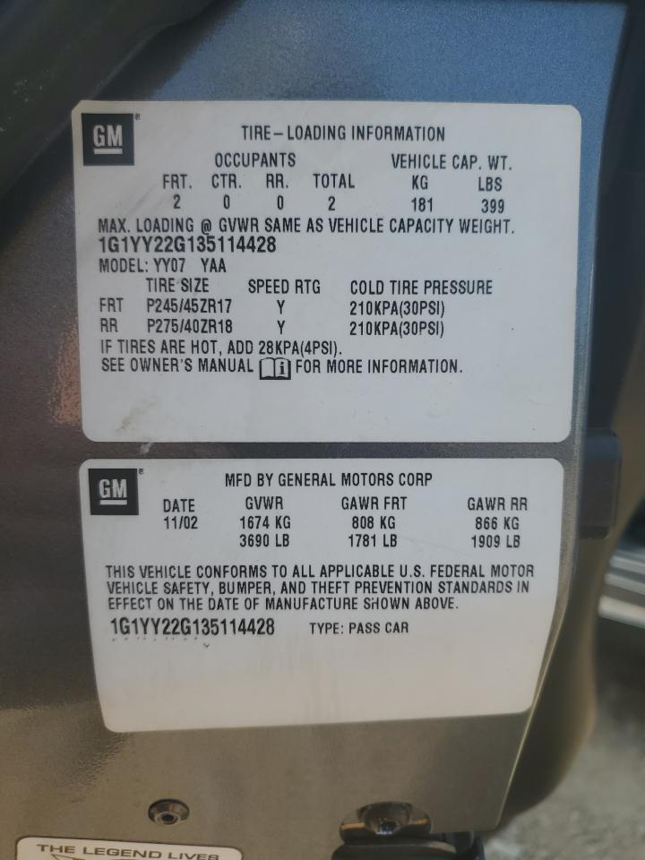 2003 Chevrolet Corvette VIN: 1G1YY22G135114428 Lot: 59190155