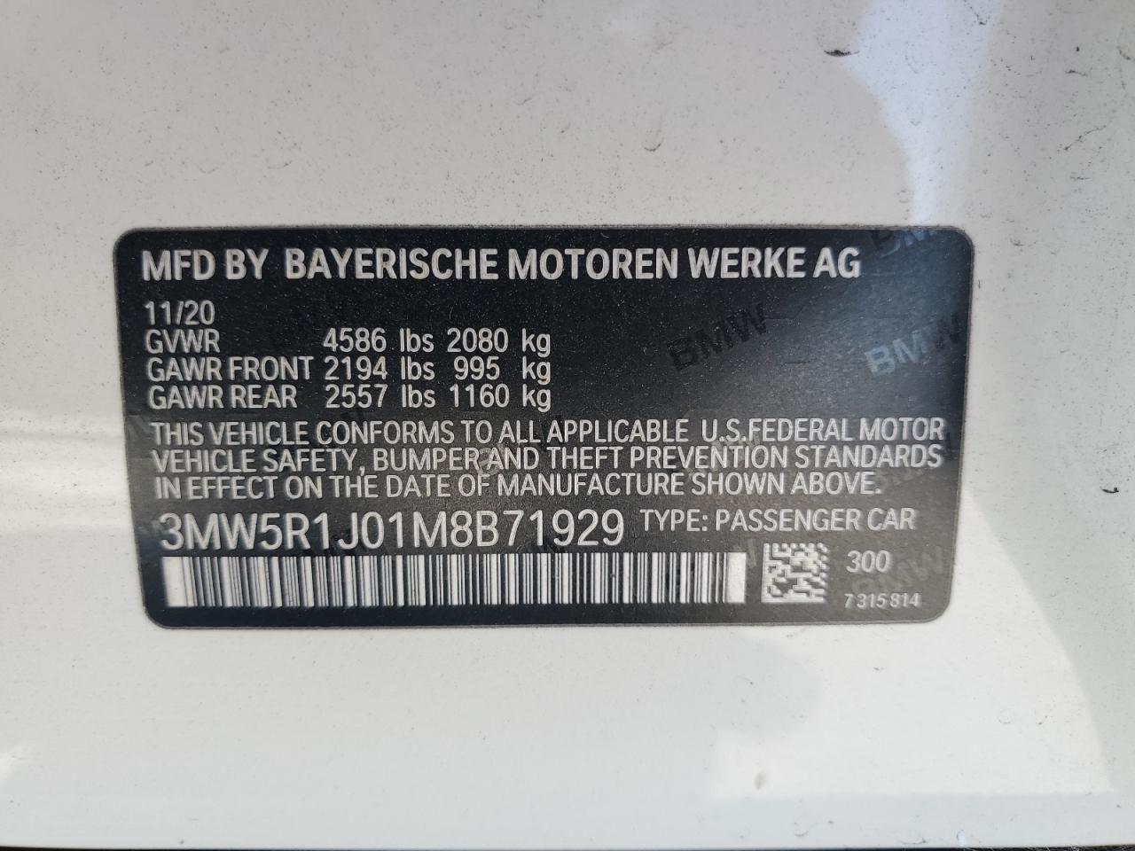 2021 BMW 330I VIN: 3MW5R1J01M8B71929 Lot: 62390455