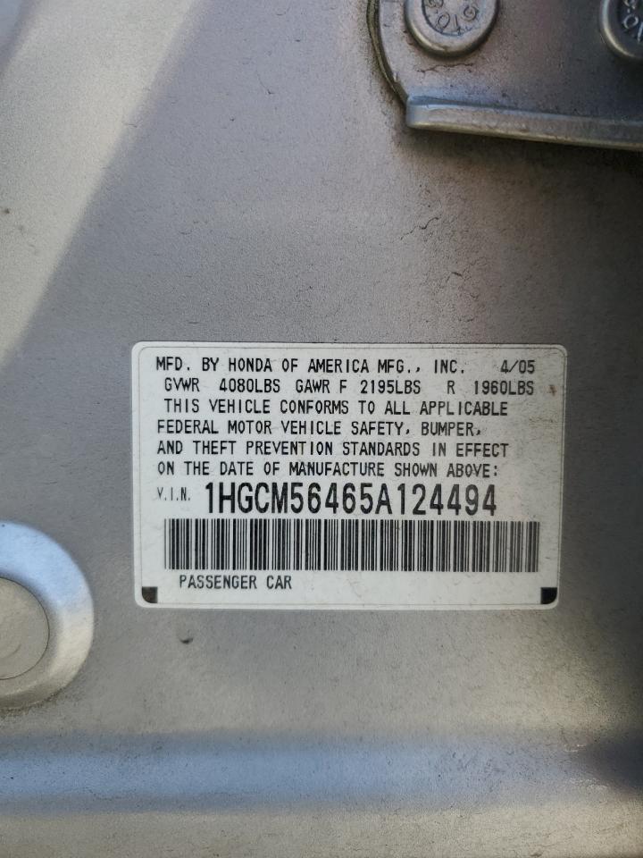 2005 Honda Accord Lx VIN: 1HGCM56465A124494 Lot: 62782755