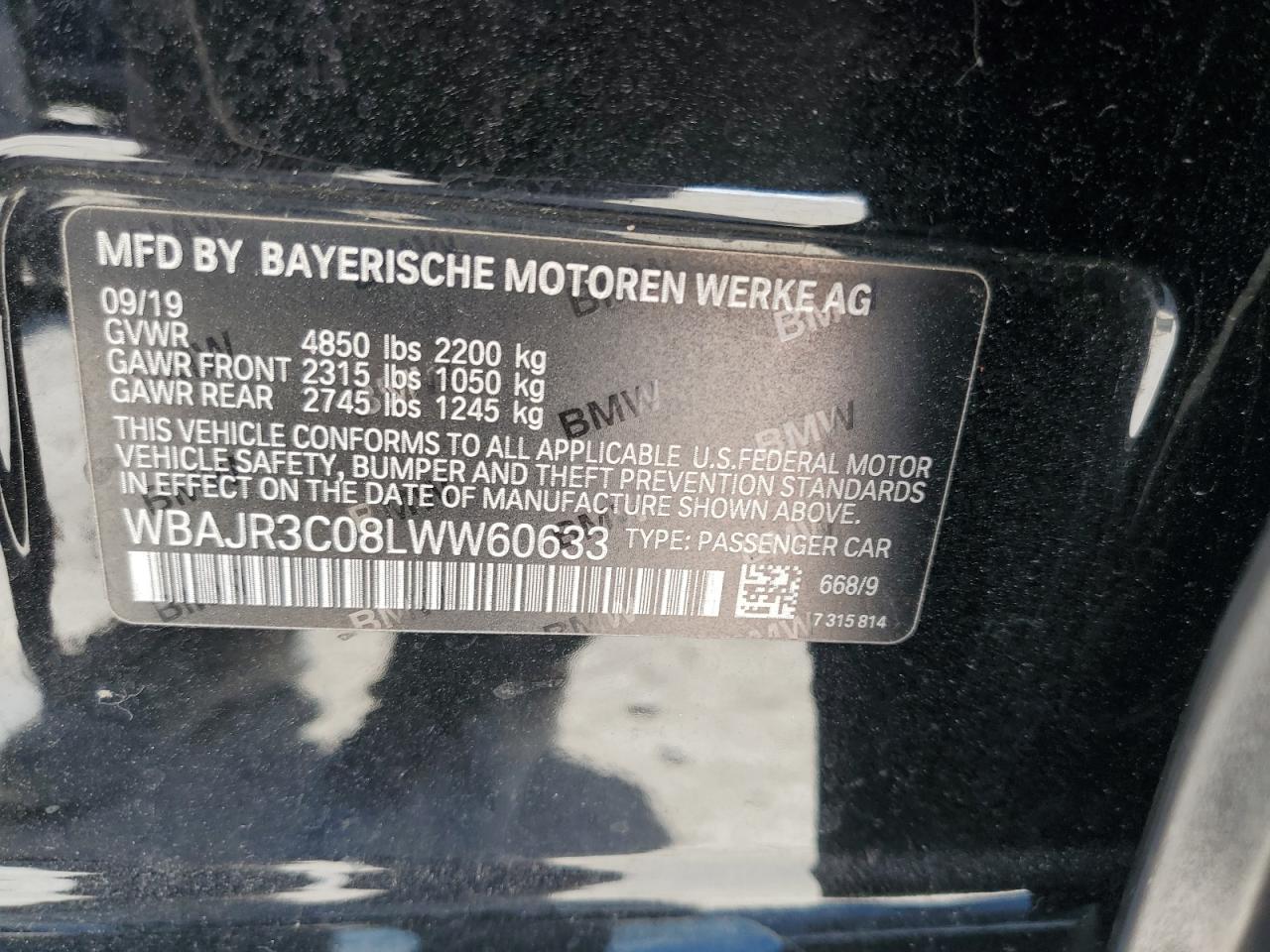 2020 BMW 530 I VIN: WBAJR3C08LWW60633 Lot: 61024045