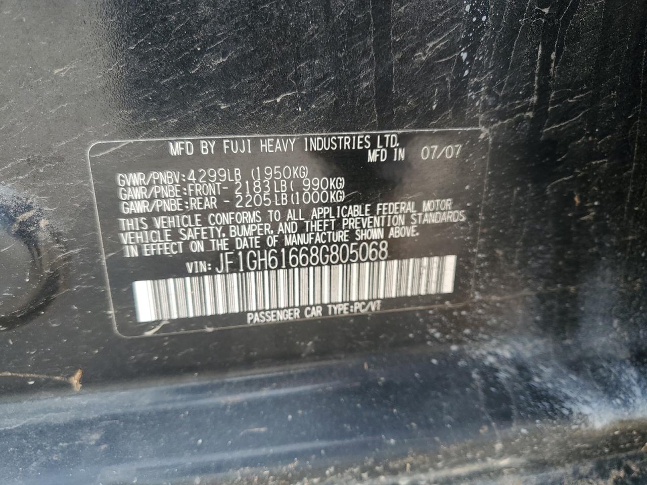 2008 Subaru Impreza 2.5I VIN: JF1GH61668G805068 Lot: 59018595
