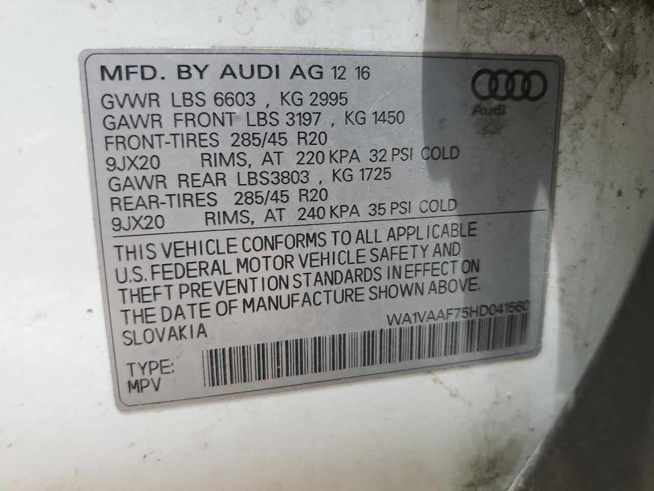 2017 Audi Q7 Prestige VIN: WA1VAAF75HD041560 Lot: 61994375
