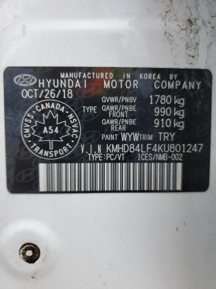 HYUNDAI ELANTRA 2019 VIN KMHD84LF4KU801247 zdjęcie 12