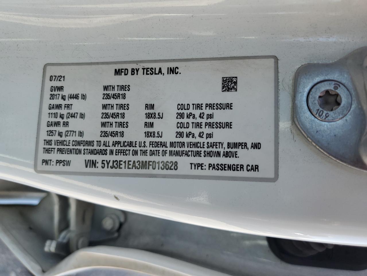 2021 Tesla Model 3 VIN: 5YJ3E1EA3MF013628 Lot: 62420435