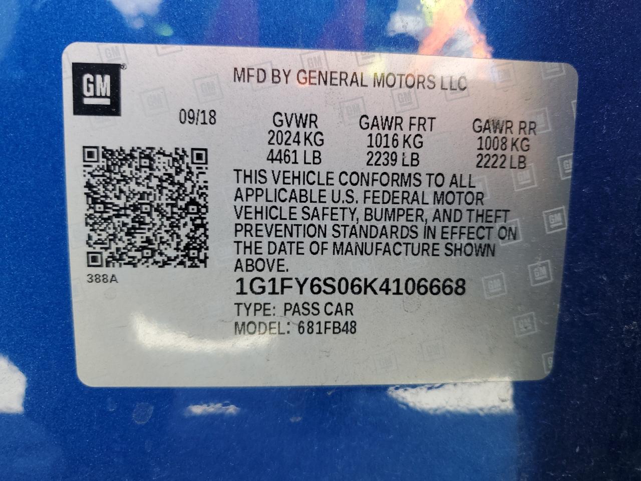2019 Chevrolet Bolt Ev Lt VIN: 1G1FY6S06K4106668 Lot: 61614305