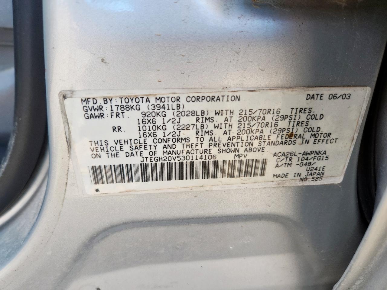 2003 Toyota Rav4 VIN: JTEGH20V530114106 Lot: 60302825