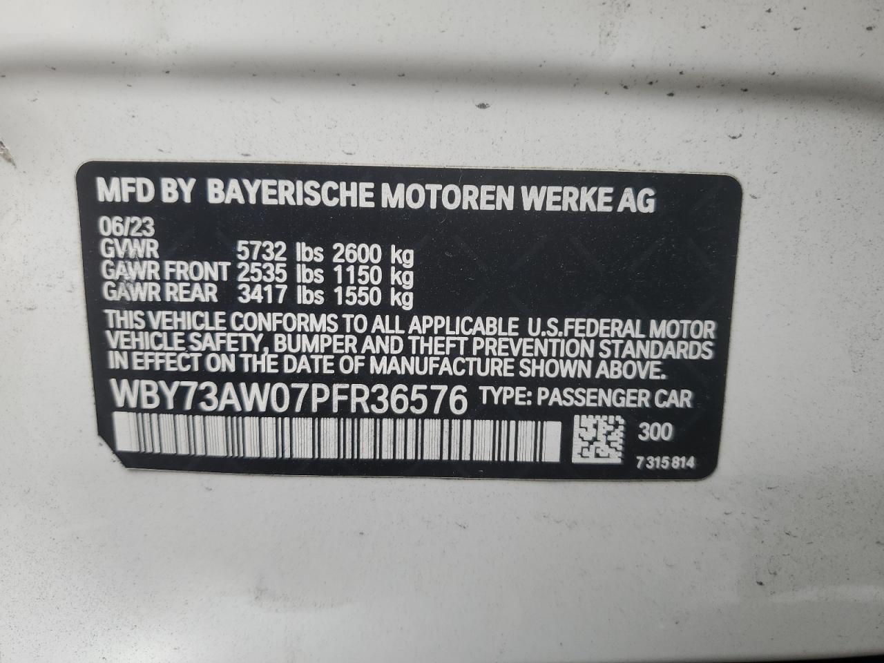 2023 BMW I4 Edrive 40 VIN: WBY73AW07PFR36576 Lot: 58925625