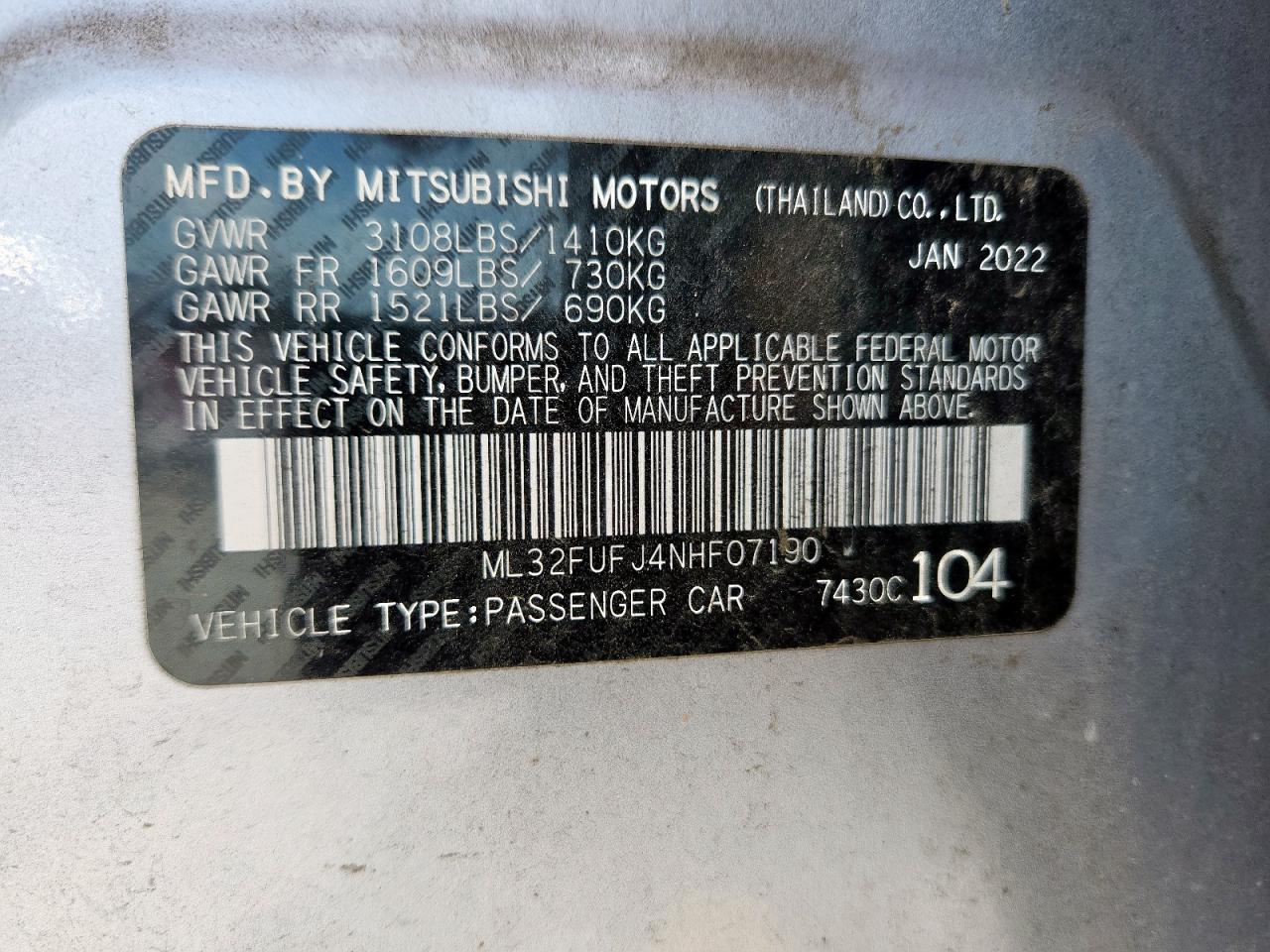2022 Mitsubishi Mirage G4 Es VIN: ML32FUFJ4NHF07190 Lot: 61001235