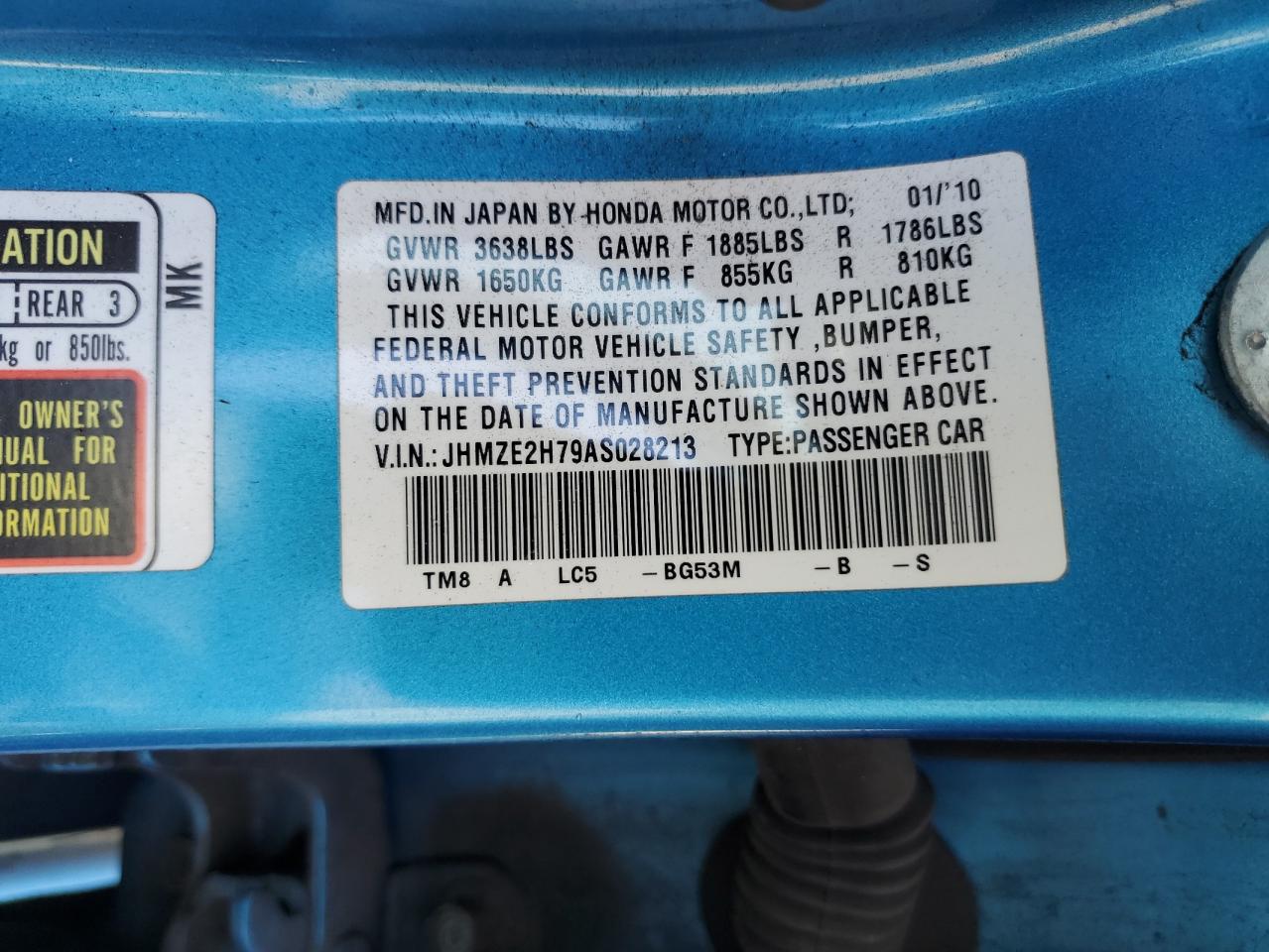 2010 Honda Insight Ex VIN: JHMZE2H79AS028213 Lot: 61240505