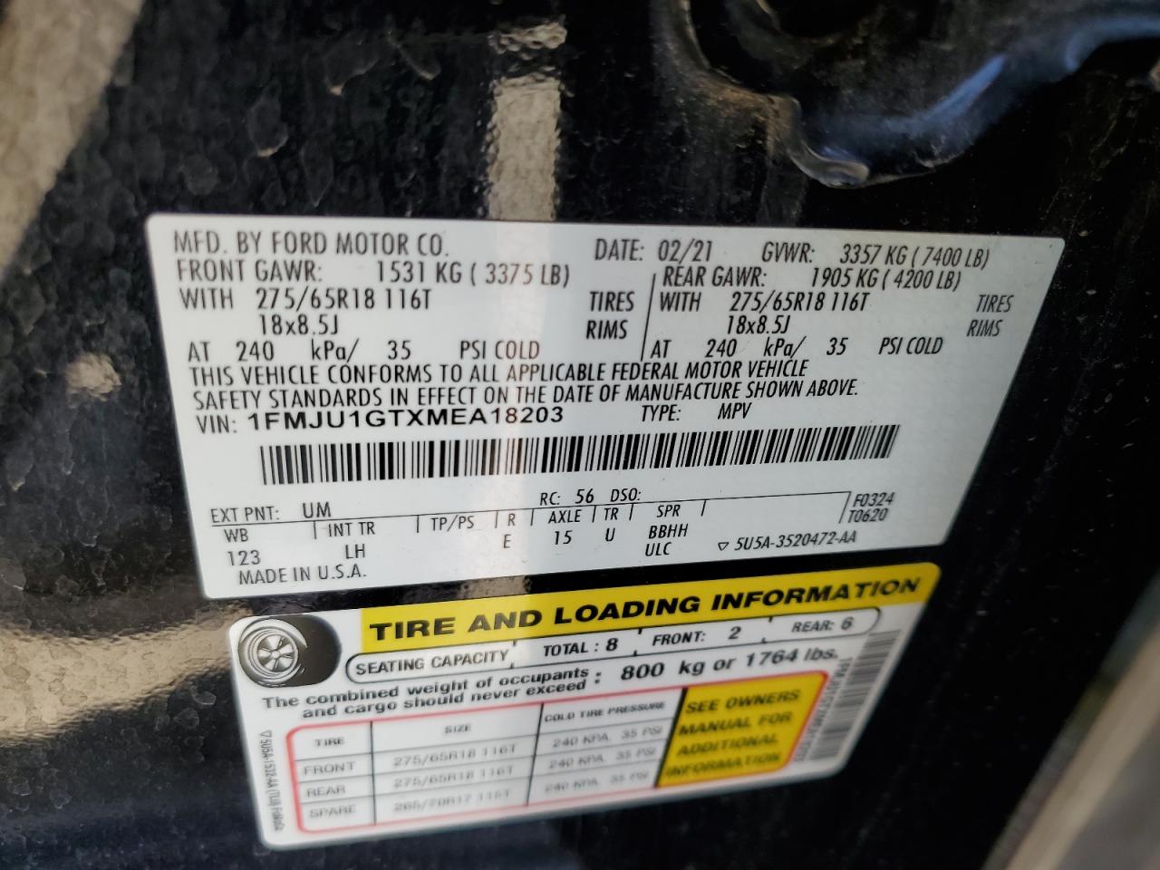 2021 Ford Expedition Xl VIN: 1FMJU1GTXMEA18203 Lot: 60987495