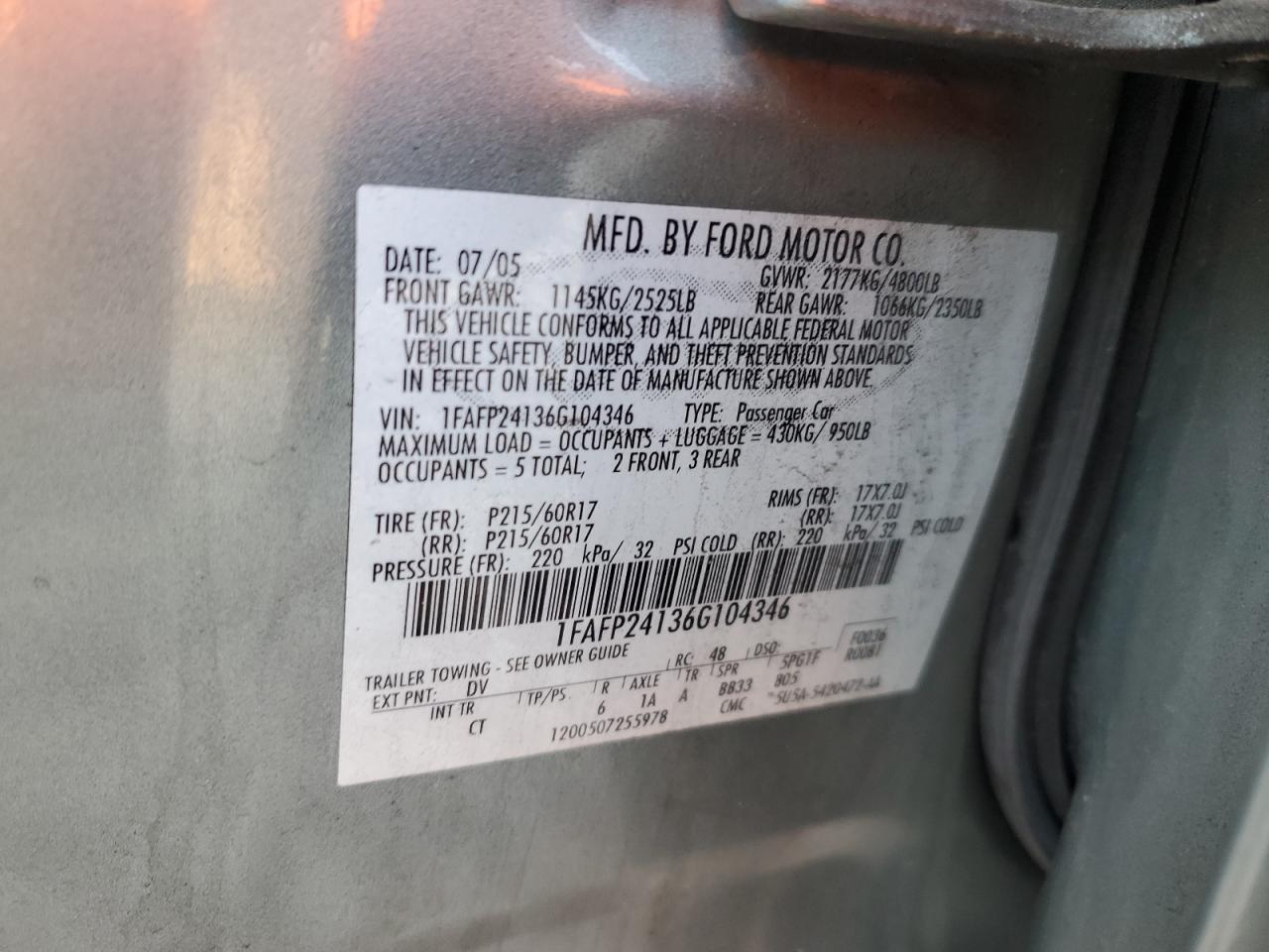 2006 Ford Five Hundred Sel VIN: 1FAFP24136G104346 Lot: 58975535