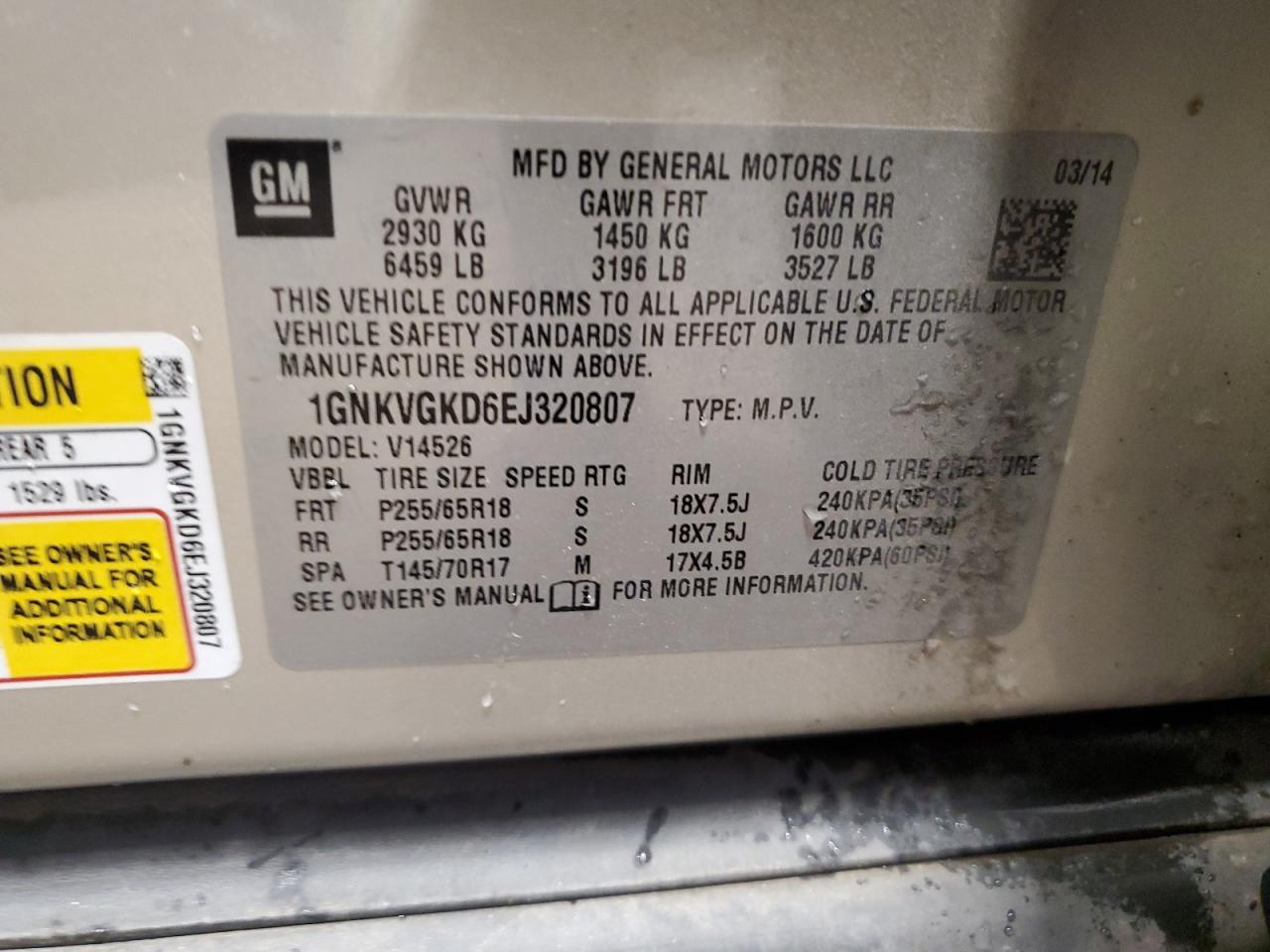 2014 Chevrolet Traverse Lt VIN: 1GNKVGKD6EJ320807 Lot: 62335455