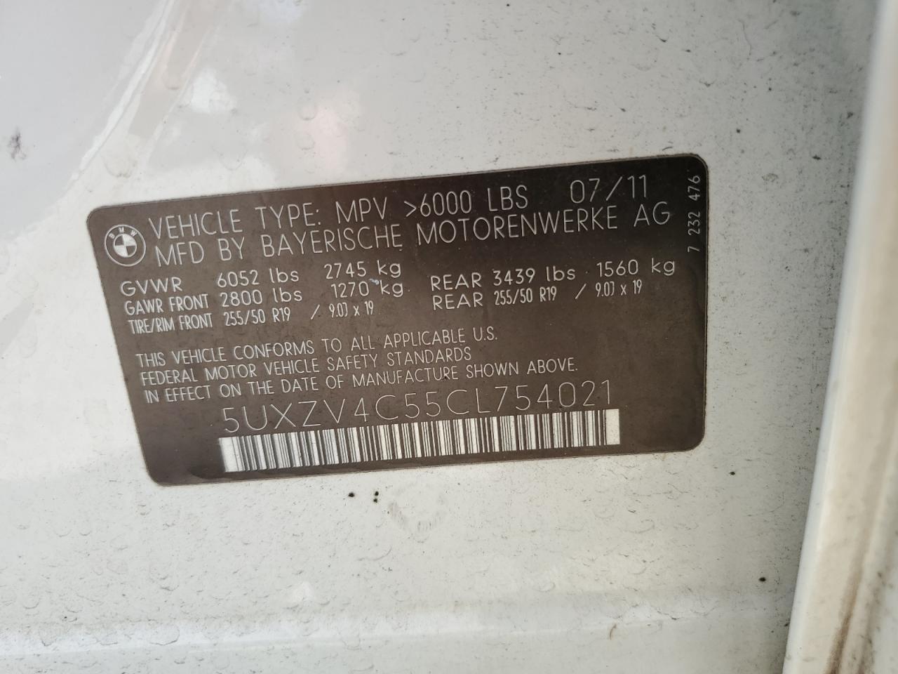 2012 BMW X5 xDrive35I VIN: 5UXZV4C55CL754021 Lot: 62093515