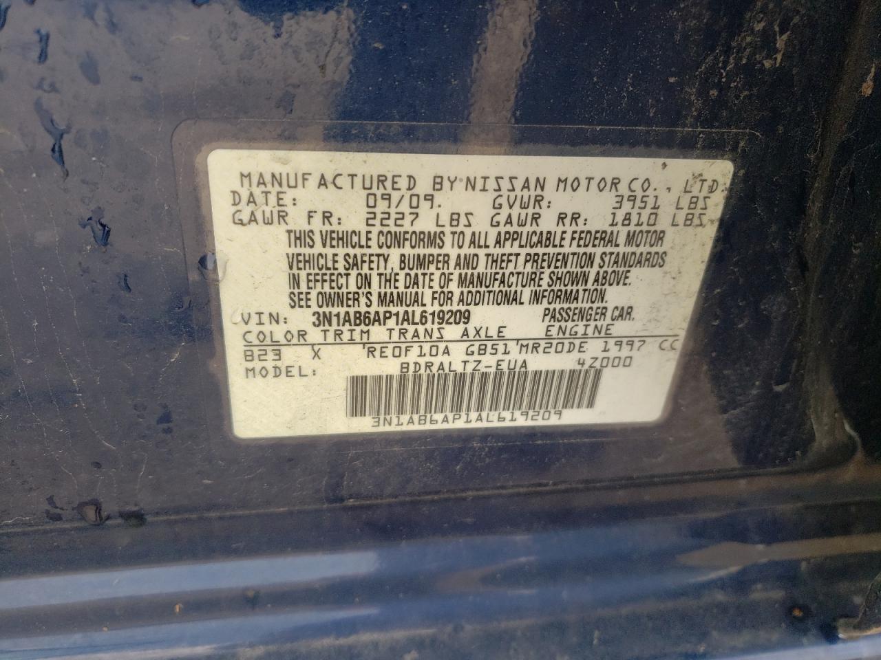 2010 Nissan Sentra 2.0 VIN: 3N1AB6AP1AL619209 Lot: 58415405