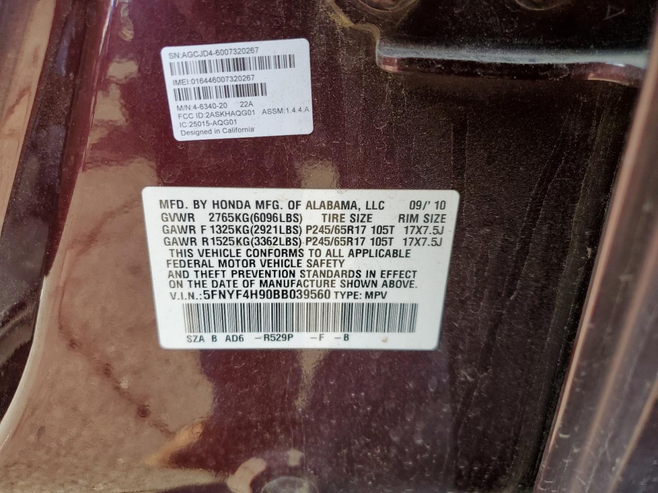 2011 Honda Pilot Touring VIN: 5FNYF4H90BB039560 Lot: 60565195