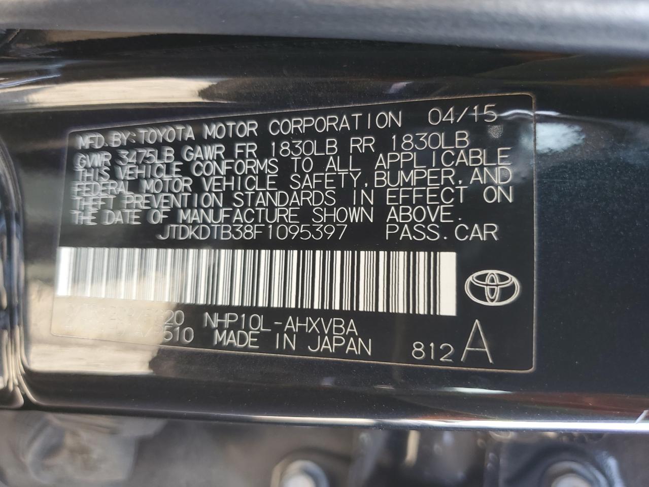 2015 Toyota Prius C VIN: JTDKDTB38F1095397 Lot: 60312735