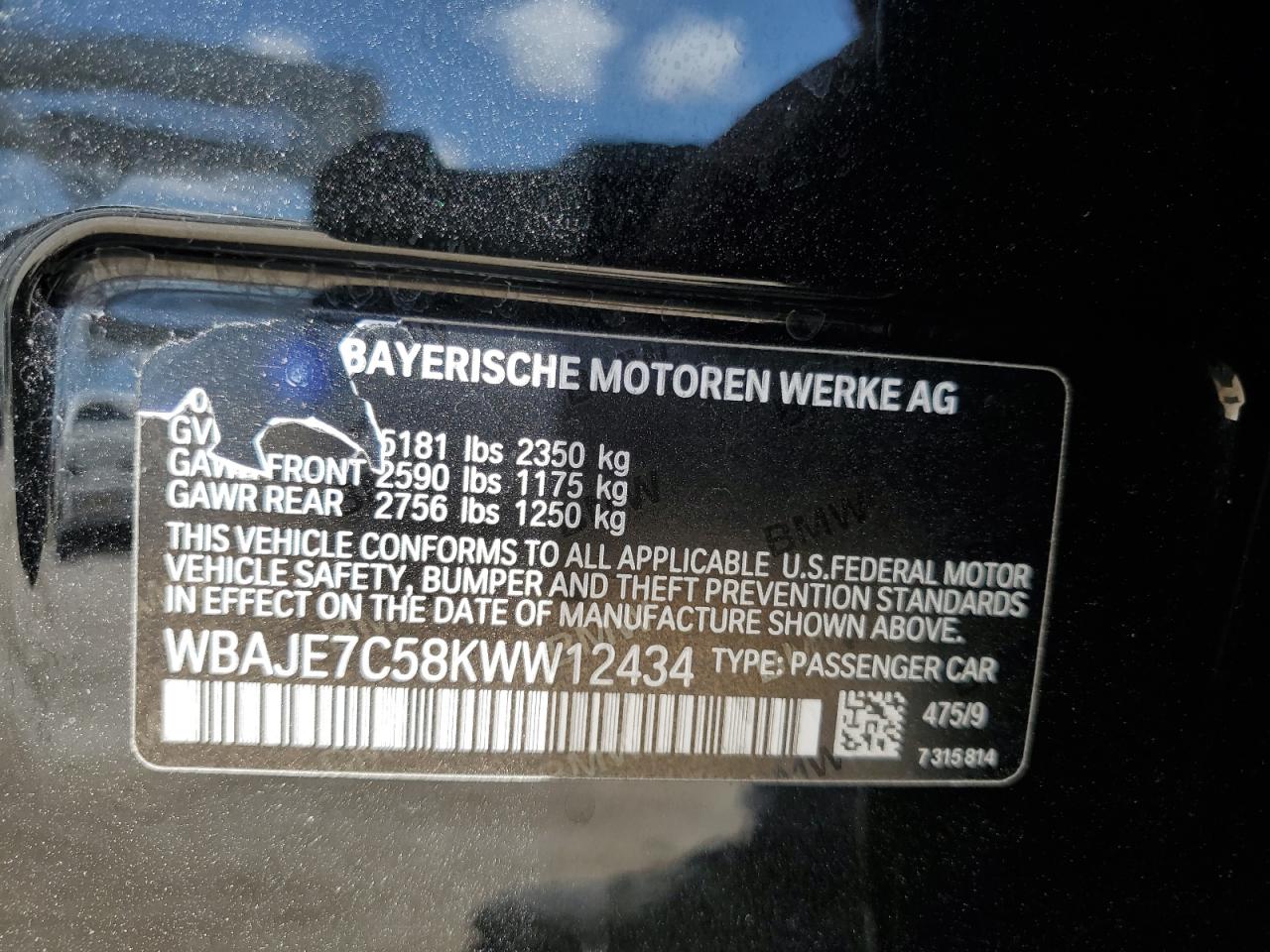 2019 BMW 540 Xi VIN: WBAJE7C58KWW12434 Lot: 62587955