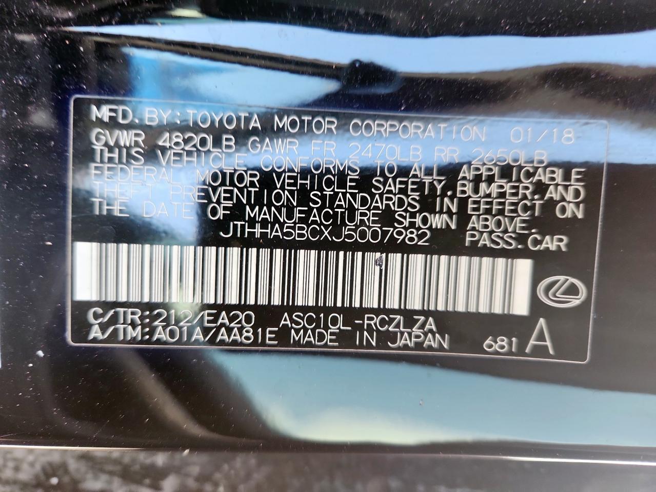 2018 Lexus Rc 300 VIN: JTHHA5BCXJ5007982 Lot: 61306655