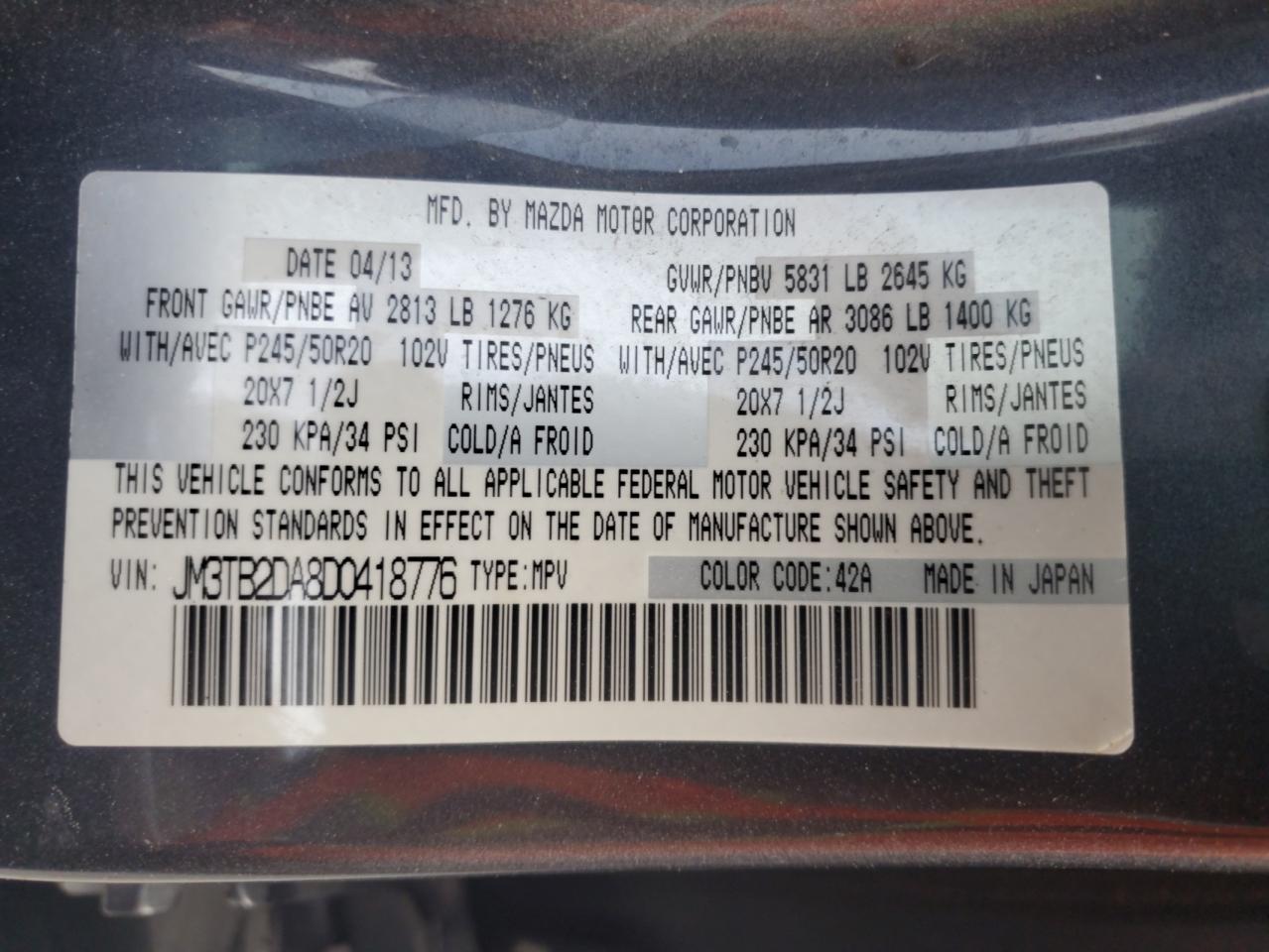 2013 Mazda Cx-9 Grand Touring VIN: JM3TB2DA8D0418776 Lot: 60305795