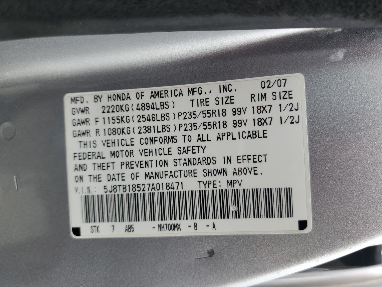 2007 Acura Rdx Technology VIN: 5J8TB18527A018471 Lot: 62164475