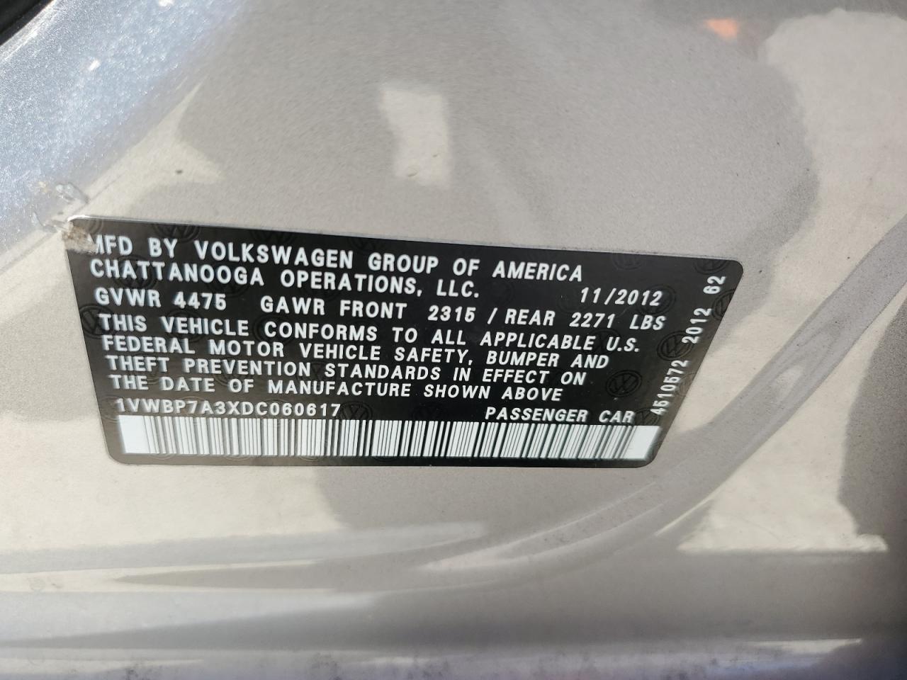 2013 Volkswagen Passat Se VIN: 1VWBP7A3XDC060617 Lot: 63246135