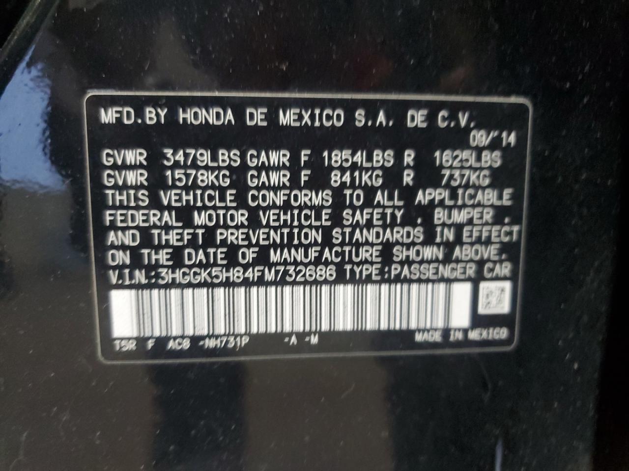 2015 Honda Fit Ex VIN: 3HGGK5H84FM732686 Lot: 62512675