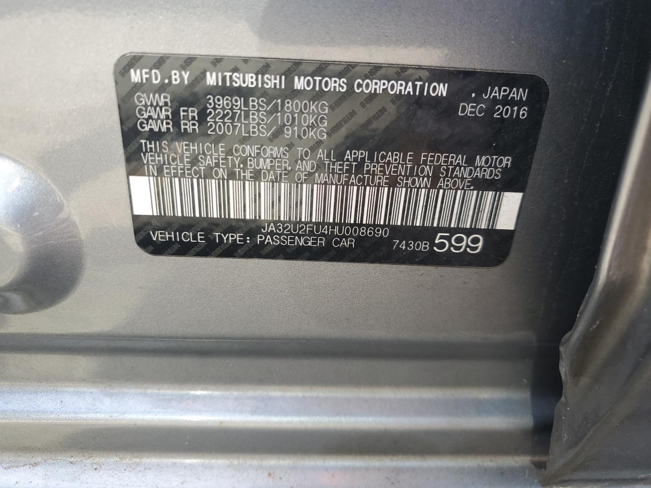 2017 Mitsubishi Lancer Es VIN: JA32U2FU4HU008690 Lot: 60600085