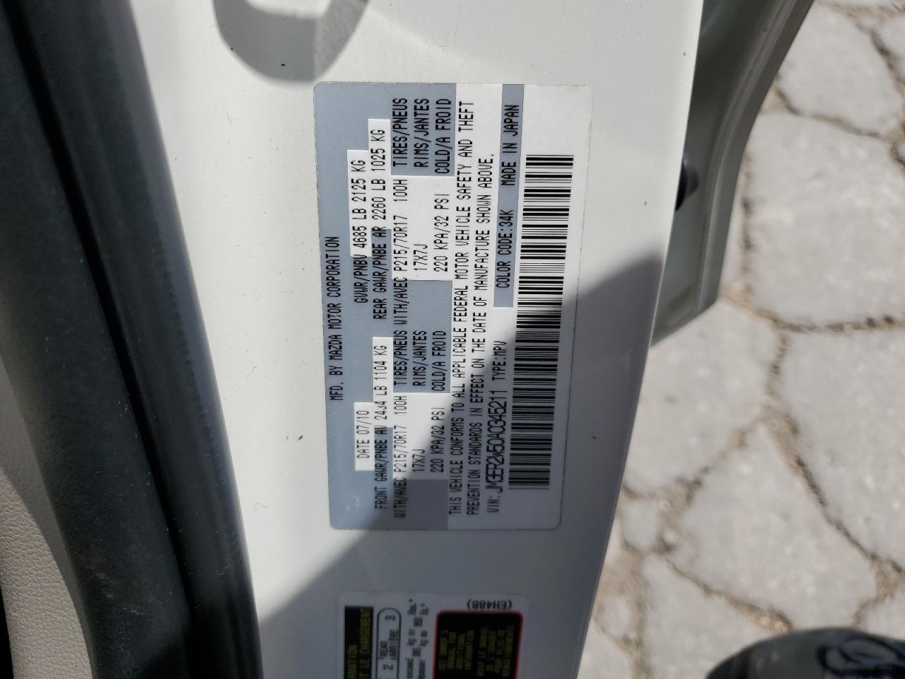 2010 Mazda Cx-7 VIN: JM3ER2W50A0345211 Lot: 61661635