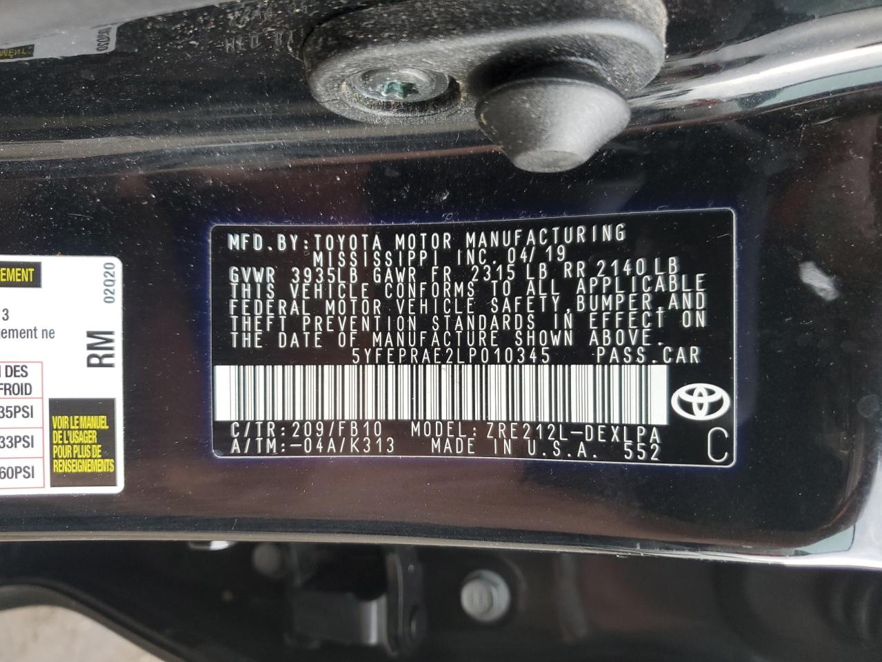 2020 Toyota Corolla Le VIN: 5YFEPRAE2LP010345 Lot: 62665185