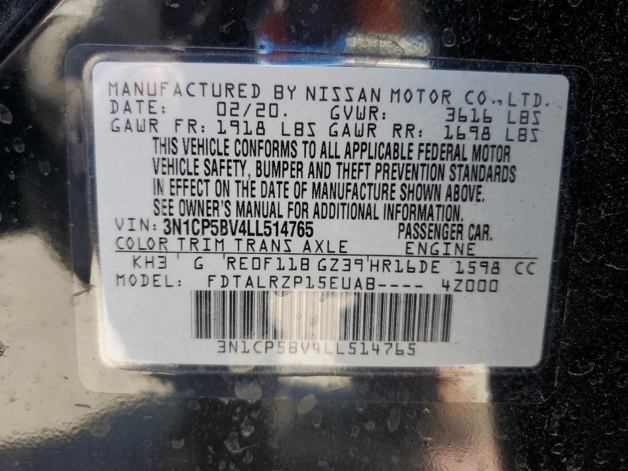 2020 Nissan Kicks S VIN: 3N1CP5BV4LL514765 Lot: 62793045