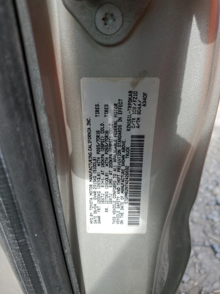 2004 Toyota Tacoma VIN: 5TEPM62N74Z426692 Lot: 62749745