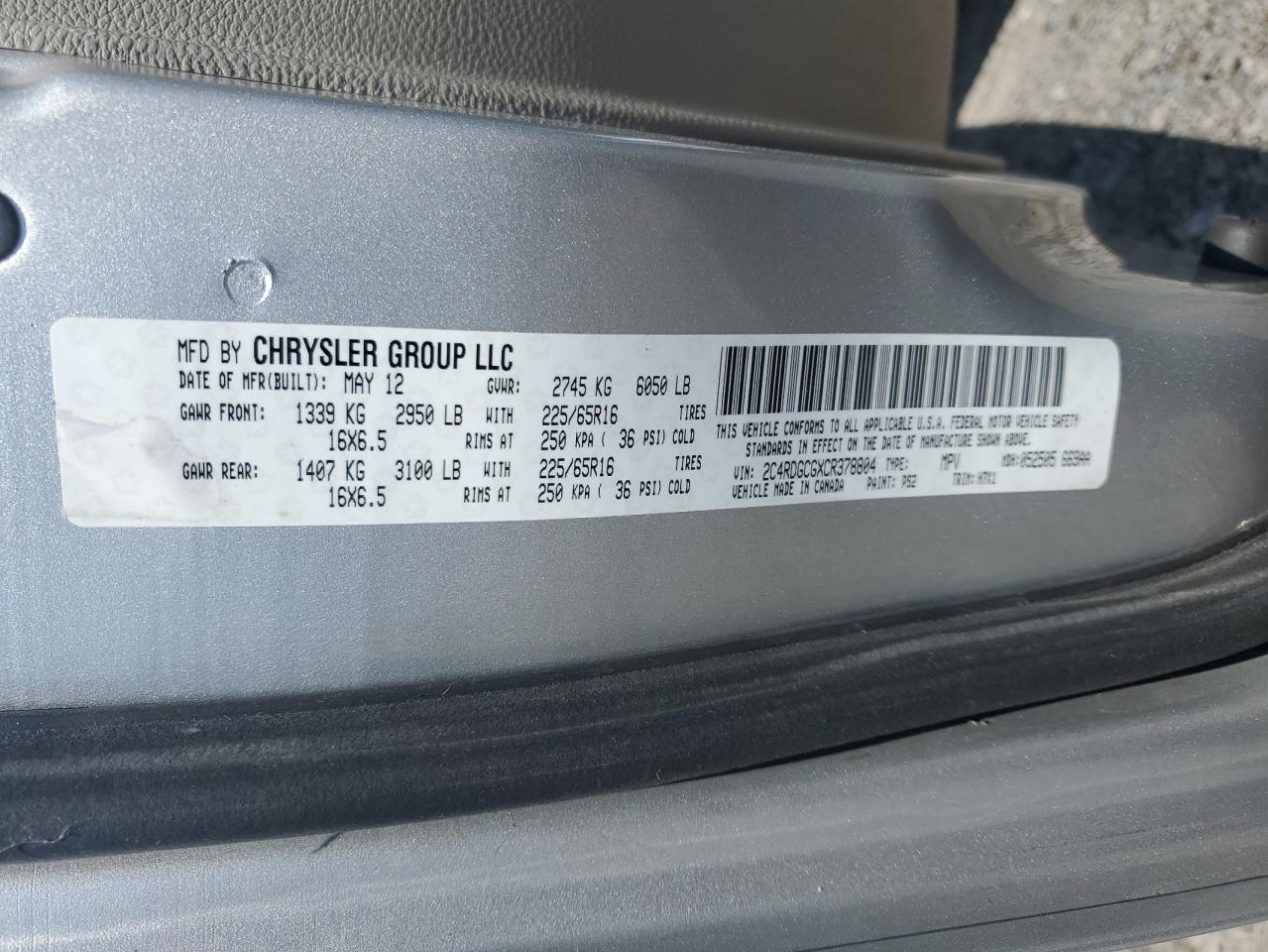 2012 Dodge Grand Caravan Sxt VIN: 2C4RDGCGXCR378804 Lot: 61634095