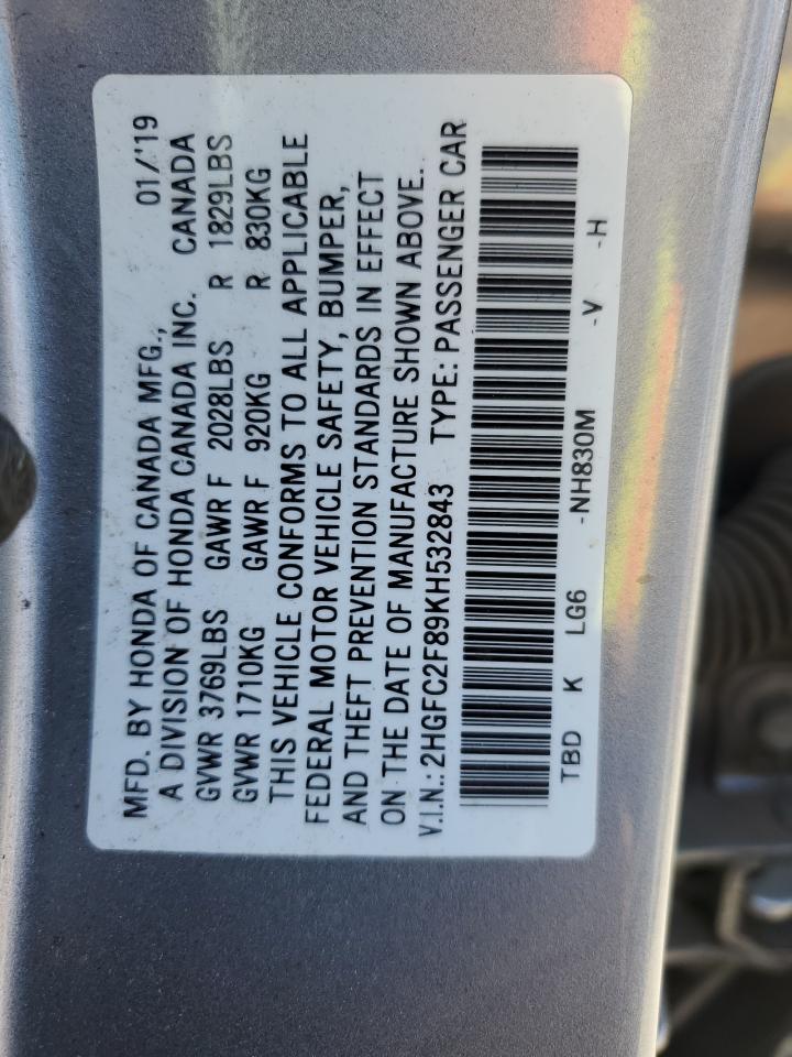 HONDA CIVIC 2019 VIN 2HGFC2F89KH532843 фото 12