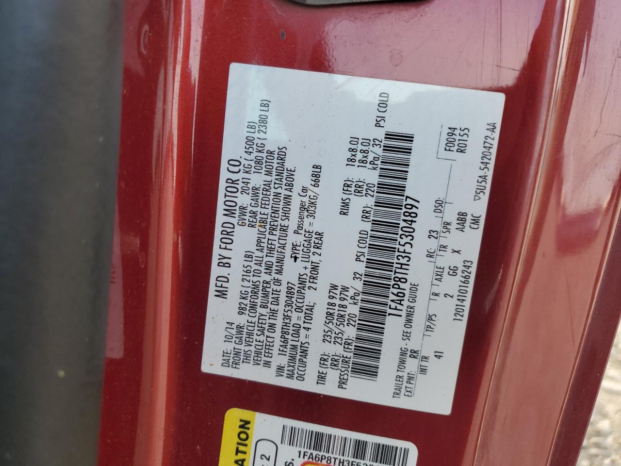 2015 Ford Mustang VIN: 1FA6P8TH3F5304897 Lot: 62696175