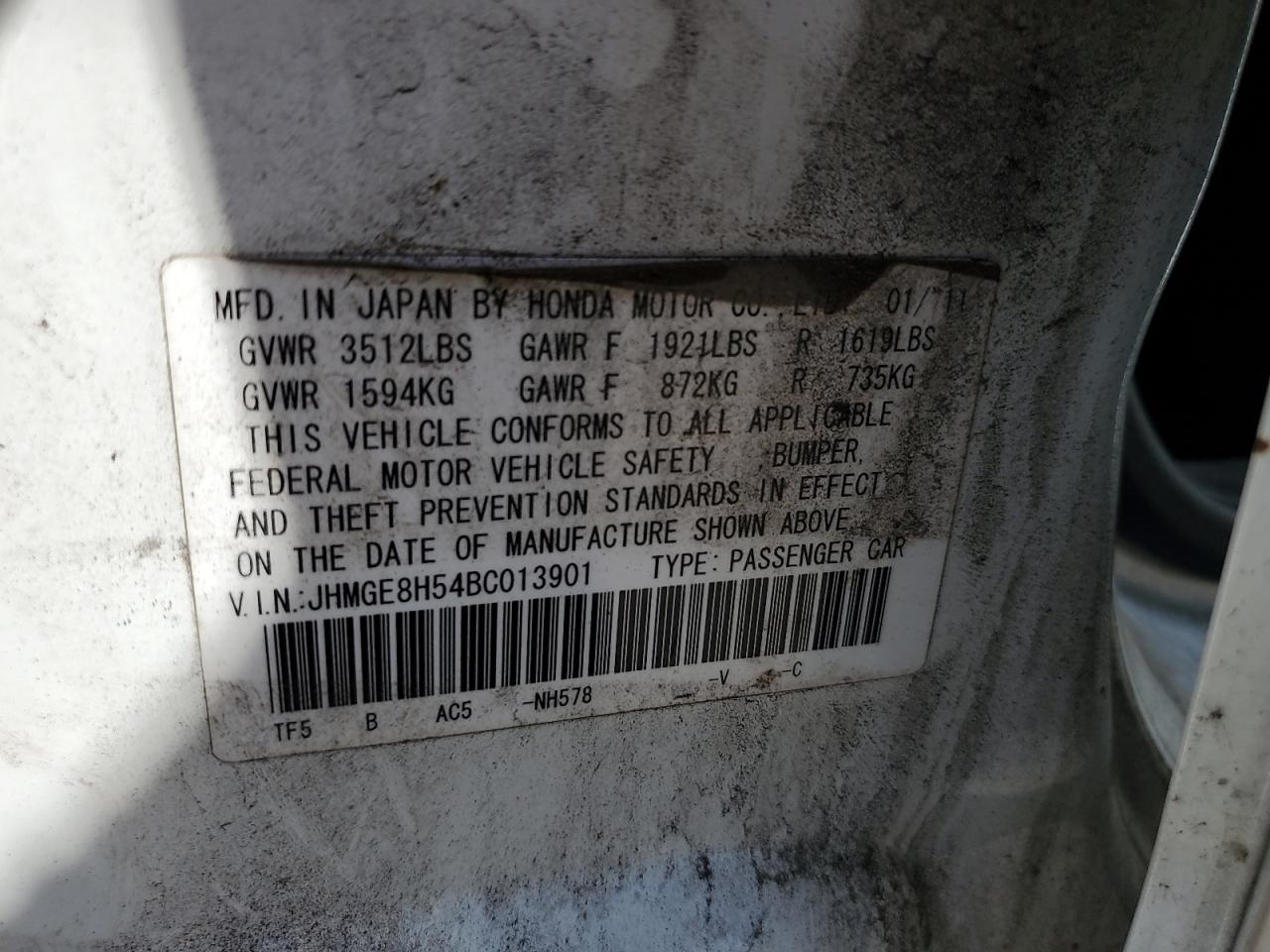2011 Honda Fit Sport VIN: JHMGE8H54BC013901 Lot: 61517765