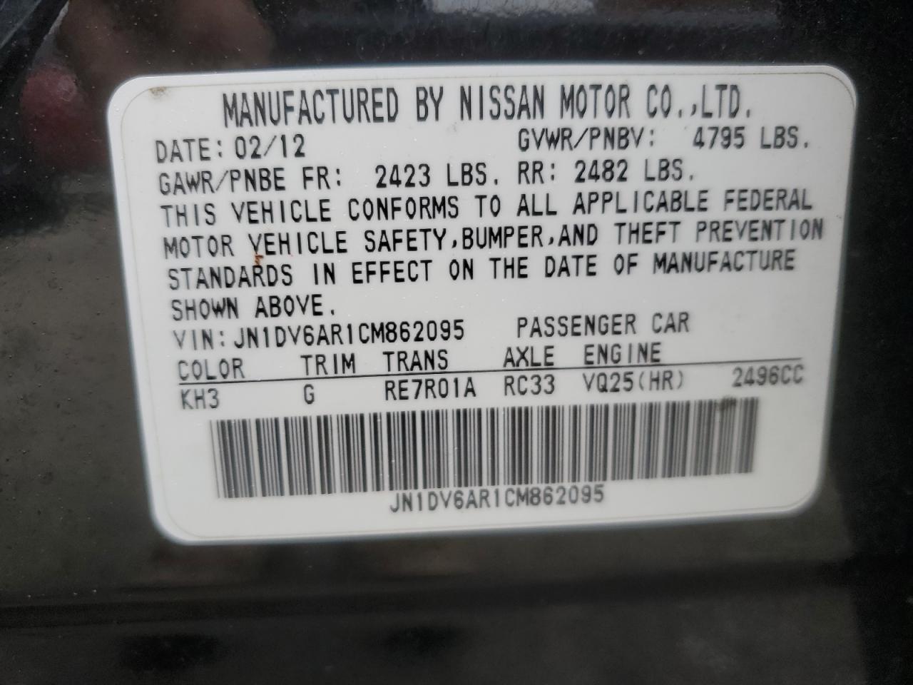 2012 Infiniti G25 VIN: JN1DV6AR1CM862095 Lot: 62411105