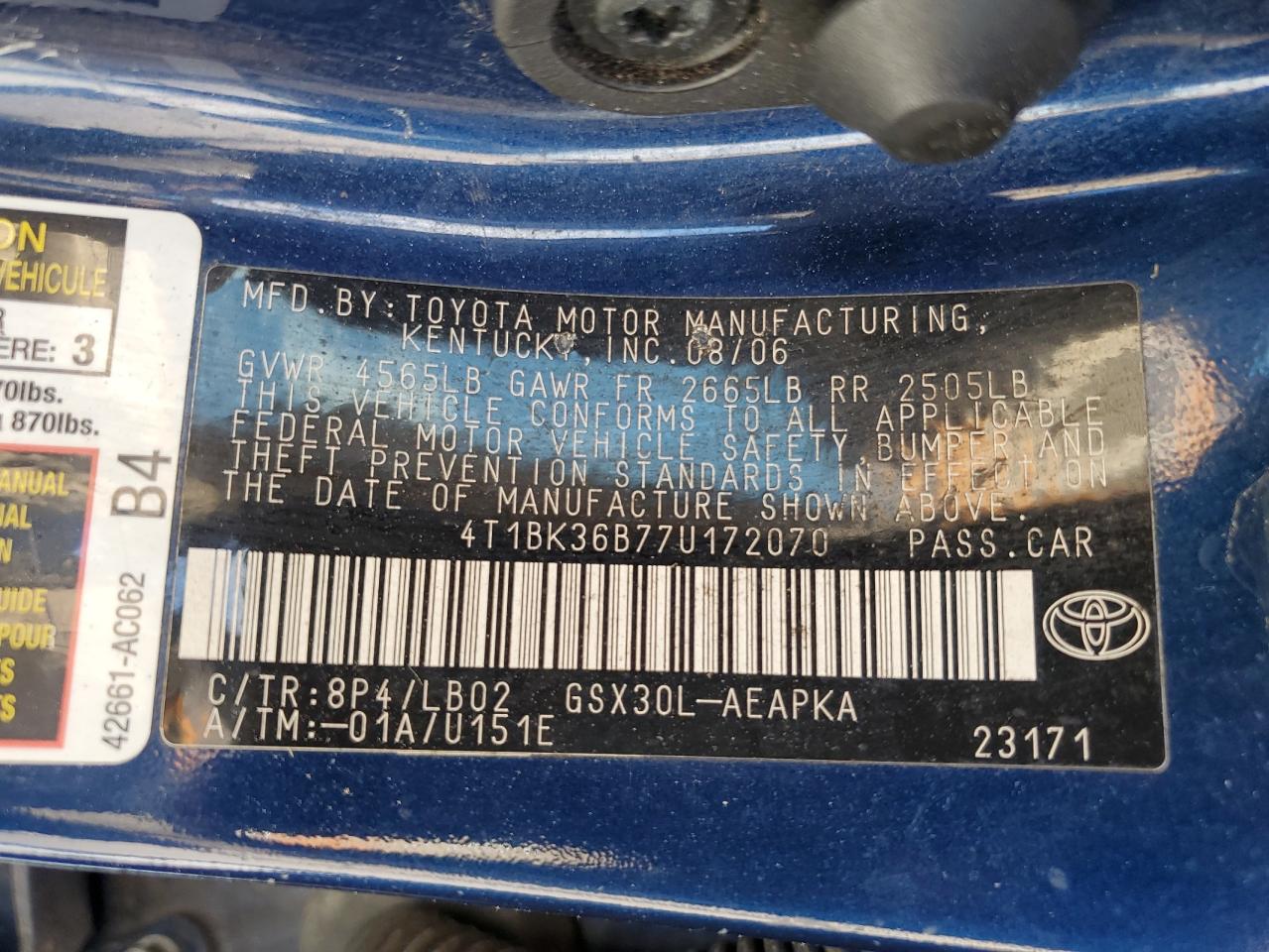 2007 Toyota Avalon Xl VIN: 4T1BK36B77U172070 Lot: 61244185