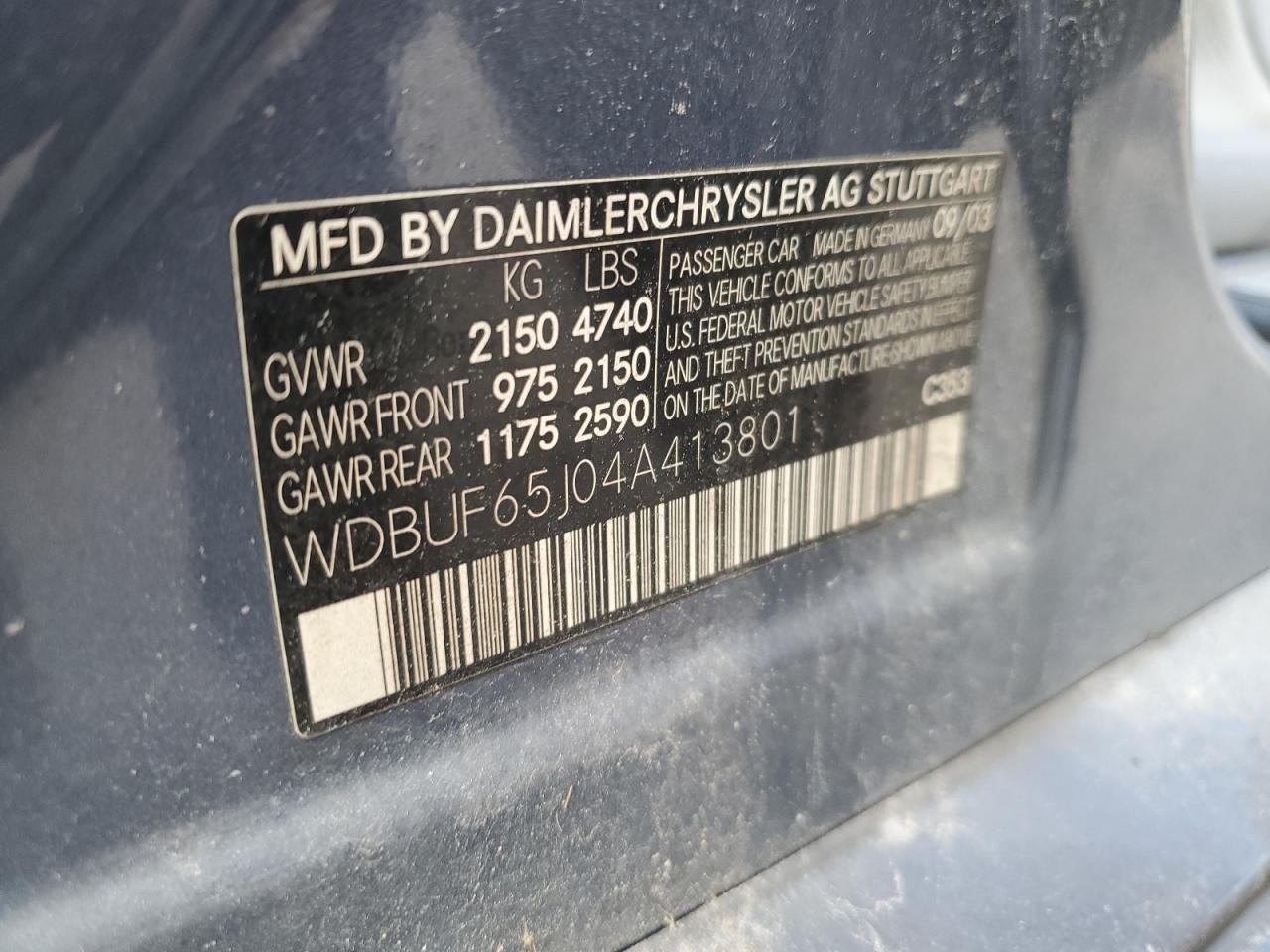 2004 Mercedes-Benz E 320 VIN: WDBUF65J04A413801 Lot: 62086325