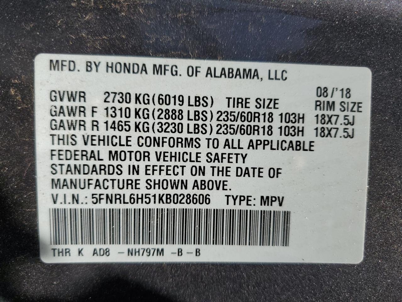 HONDA All Models 2019 VIN 5FNRL6H51KB028606 photo 13