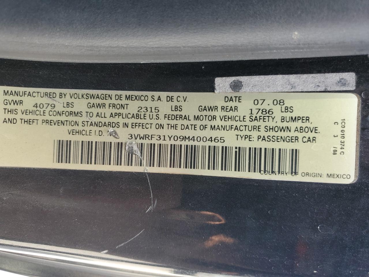 2009 Volkswagen New Beetle S VIN: 3VWRF31Y09M400465 Lot: 59721805