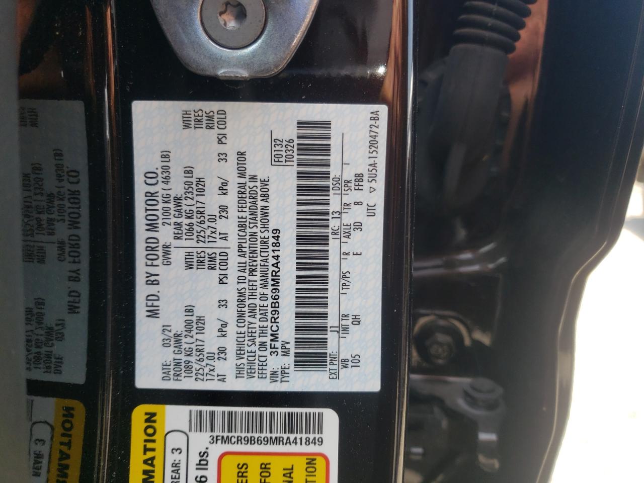 2021 Ford Bronco Sport Big Bend VIN: 3FMCR9B69MRA41849 Lot: 62302135