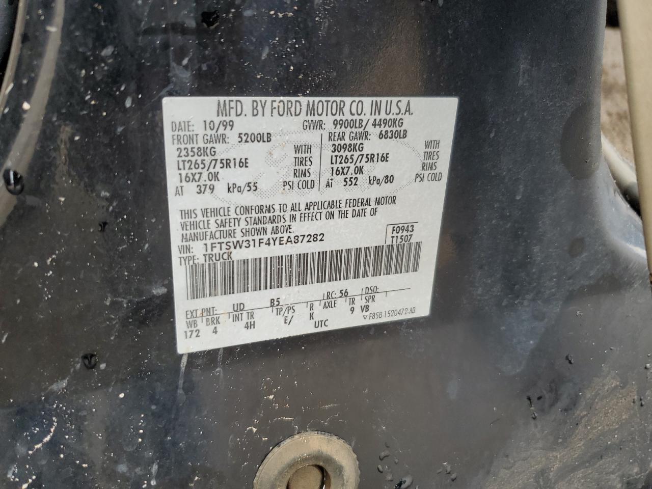 2000 Ford F350 Srw Super Duty VIN: 1FTSW31F4YEA87282 Lot: 62775665
