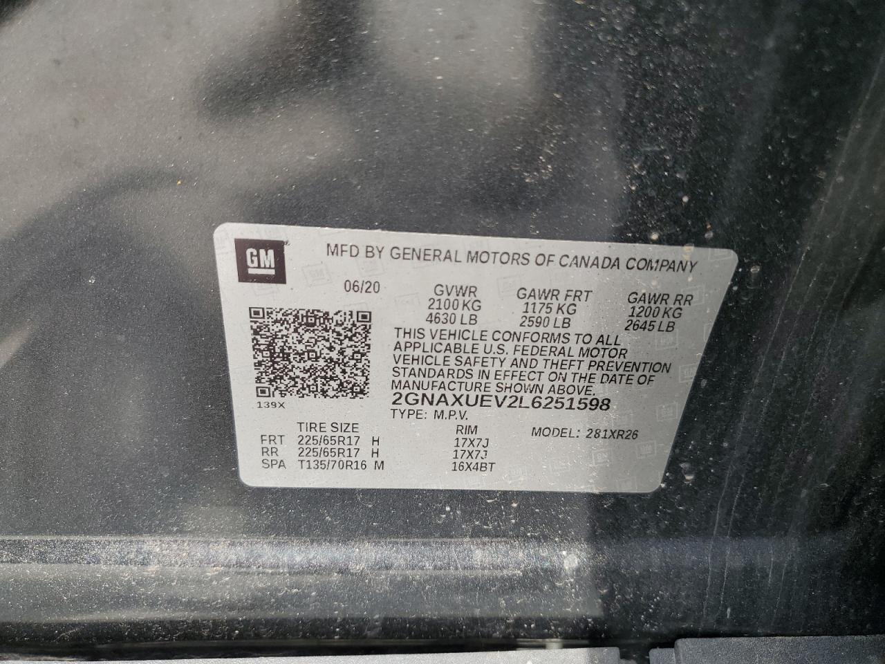 2GNAXUEV2L6251598 CHEVROLET EQUINOX 2020