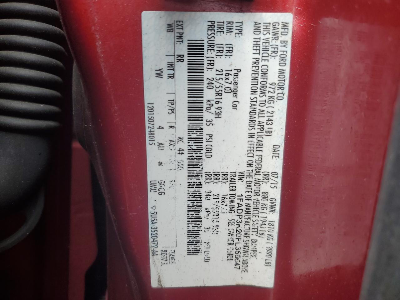 2015 Ford Focus Se VIN: 1FADP3K20FL355647 Lot: 63021245
