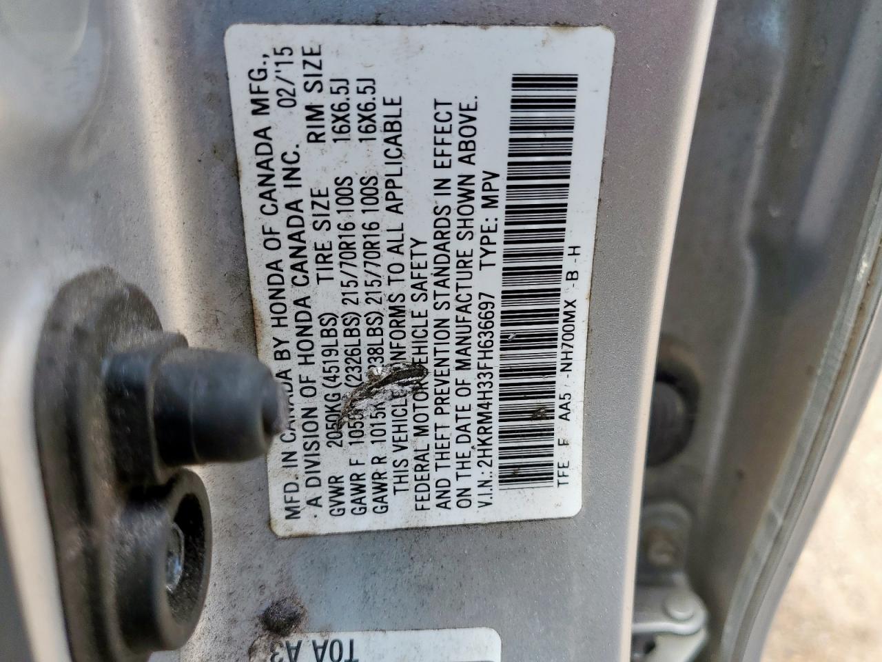 2015 Honda Cr-V Lx VIN: 2HKRM4H33FH636697 Lot: 57910755