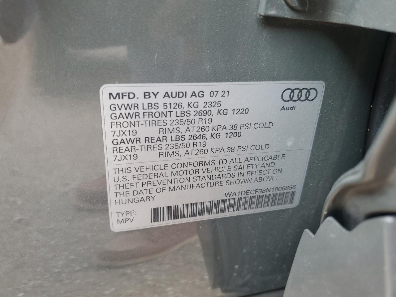 2022 Audi Q3 Premium S Line 45 VIN: WA1DECF38N1006856 Lot: 62835055