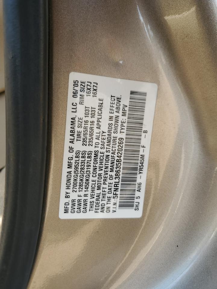 2005 Honda Odyssey Exl VIN: 5FNRL38635B420269 Lot: 60754595